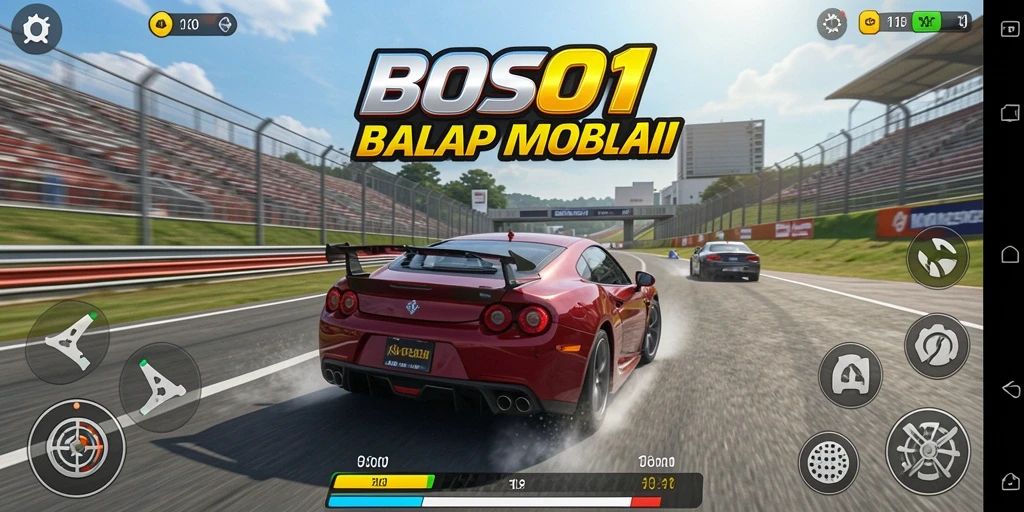 Screenshot menampilkan aksi balapan mobil yang seru.