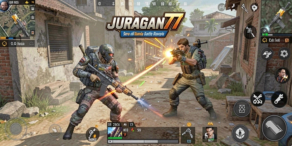 Tangkapan layar gameplay JURAGAN77 yang menampilkan aksi pertempuran seru dalam mode Battle Royale.