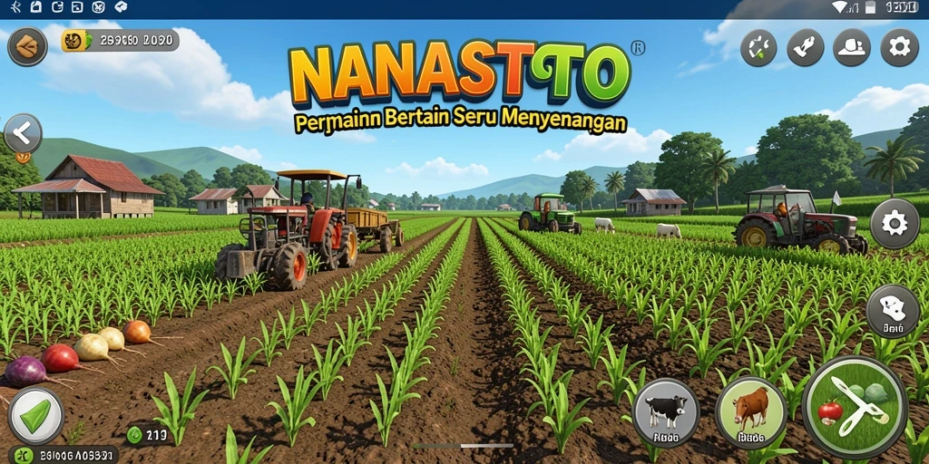 Tampilan gameplay NANASTOTO yang menggambarkan aktivitas bertani.