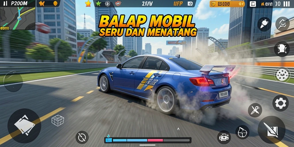 Screenshot P200M menampilkan balapan mobil di lintasan yang menegangkan.