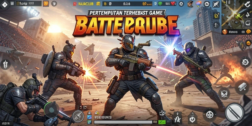 Gameplay seru dari RAJACLUB, penuhi tantangan Battle Royale dengan teman.