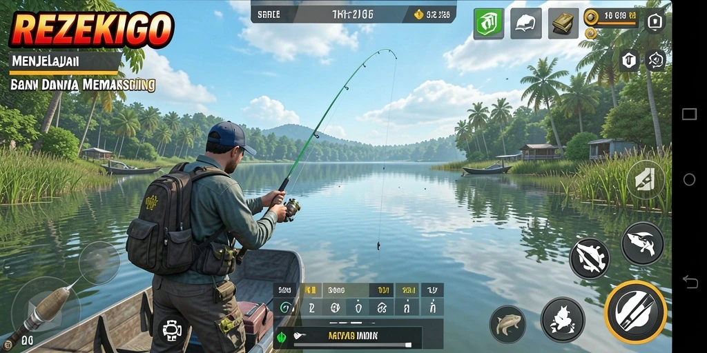 Screenshot gameplay REZEKIGO menampilkan momen seru saat menangkap ikan.