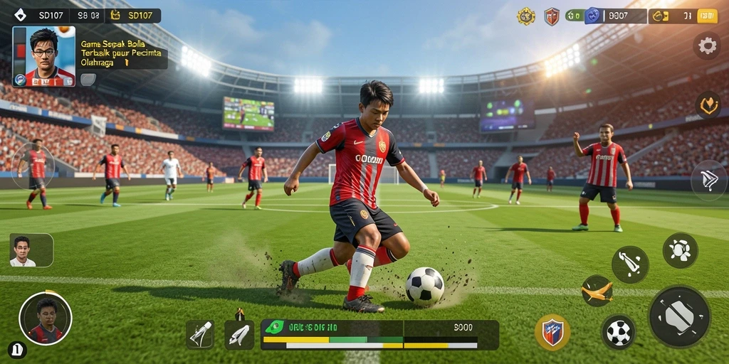 Screenshot utama SD107 menampilkan aksi seru dalam permainan sepak bola.
